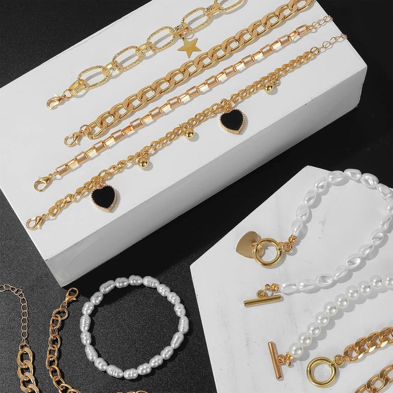IFKM 6 PACK (24 PCS) Boho Gold Chain Bracelets Set for Women, 14K Gold Plated Multiple Layered Stackable Open Cuff Wrap Bangle Adjustable Link Italian Cuban Jewelry for Women Gift - Image 2